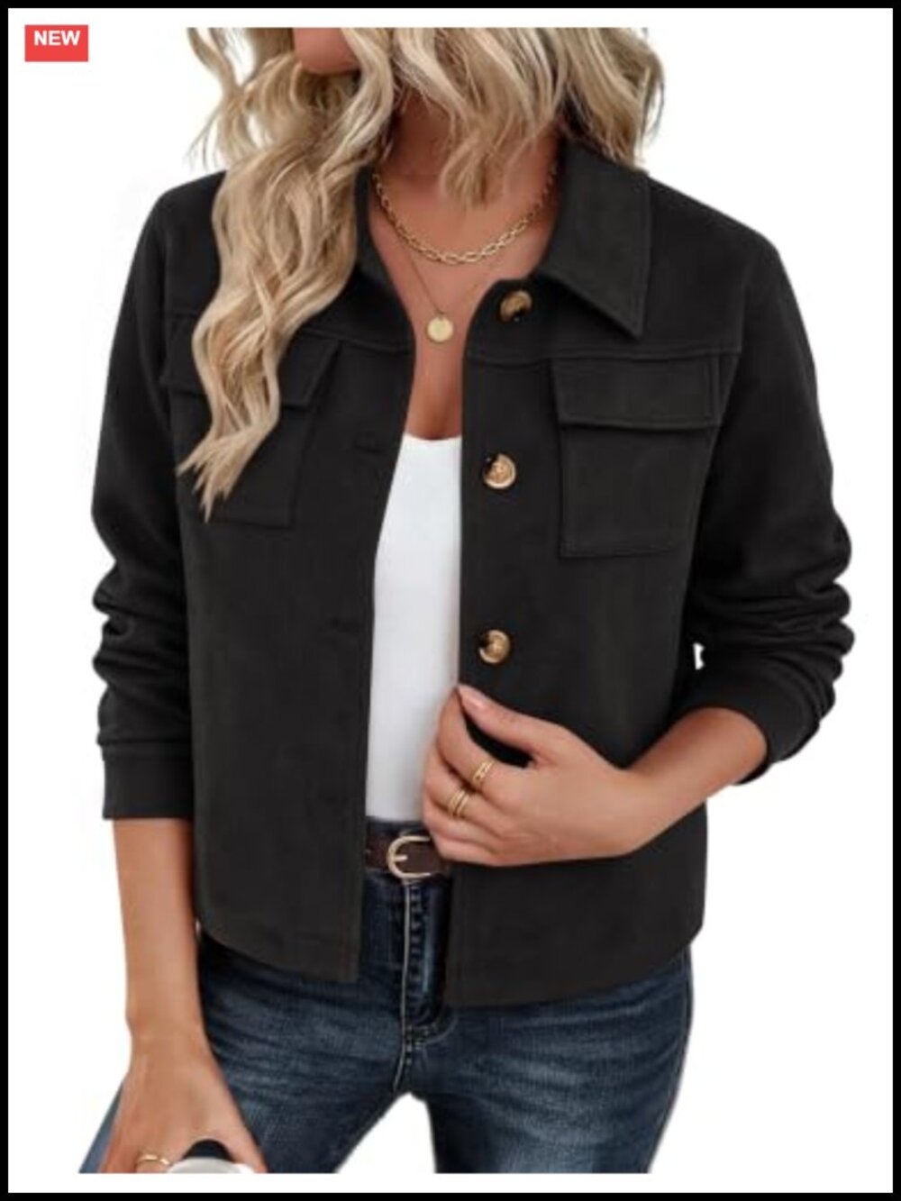 Faux Suede Cropped Shacket Button Down Collared Loose Fit Casual Jacket